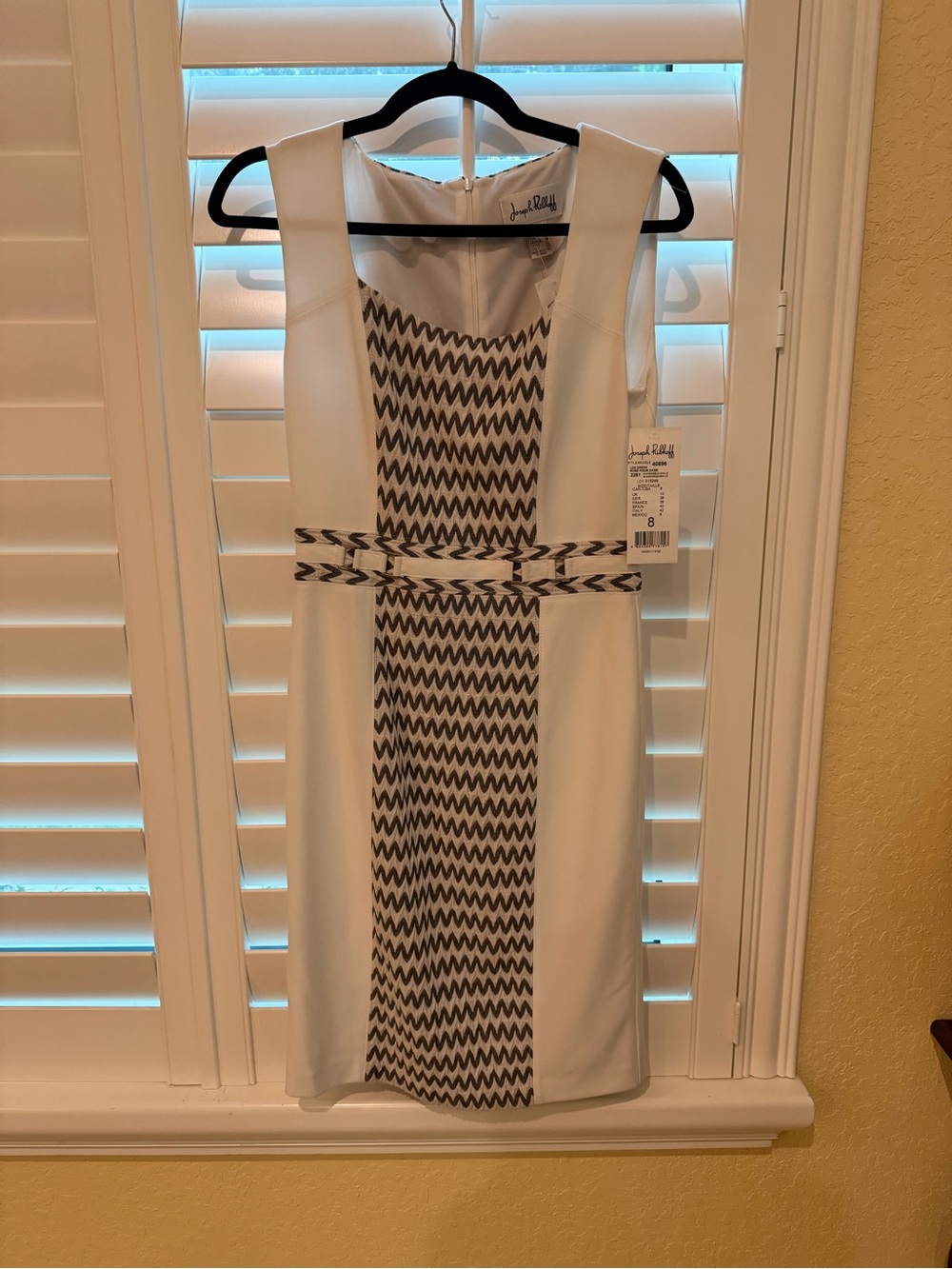 Joseph Ribkoff White Midi Dress with Black Zigzag Panel